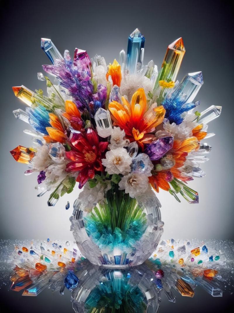 A Vase Filled with Crystal and Glass Flower-Shaped Decorations