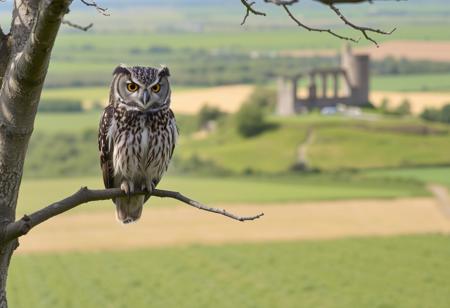 owl, looking bored, on a branch, daylight, high in a tree, plain fields in the background, rural ireland, summer, lots of green vegetation, castle ruin in the background,