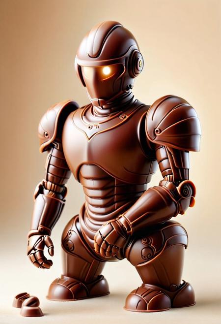 lazypos, A futuristic, adorable humanoid robot Made of chocolate,, featuring contrasting elements of white, milk, and dark chocolate. Its sleek exoskeleton is crafted from glossy white chocolate panels accented with intricate mechanical details in rich milk chocolate, while darker chocolate tones highlight its joints, bolts, and trim for depth and contrast. The robot’s large, visor-like face is made of smooth dark chocolate, emitting a soft golden glow from its round, expressive eyes, reminiscent of molten caramel.
The robot has a compact, rounded body with articulated limbs that appear sculpted from creamy milk chocolate, blending seamlessly with the darker chocolate mechanical components. Its polished yet slightly weathered appearance suggests it has been lovingly crafted and cared for. Green vines and delicate sunflowers organically grow around and intertwine with its chocolaty structure, their vibrant colors standing out against the rich brown and creamy hues of the robot.
In one hand, the robot gently holds a sunflower crafted from edible sugar petals, offering it as a gesture of kindness. The background is minimalistic and light, resembling a powdered sugar-dusted surface, emphasizing the contrast between the advanced chocolate-inspired technology and the delicate beauty of nature. Soft, diffused lighting enhances the whimsical and heartwarming mood of this delectable creation.