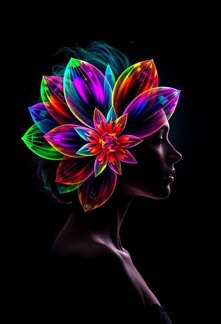 "Create a photorealistic image of the shape of a flower with multicolored petals, outlined with a vibrant, multicolored line, that swirl with a kaleidoscope of colors. The flower is incorporated into the hair of a beautiful woman. The surrounding environment is pitch black, with only the colorful flower and woman visible. The colors seem to be building up to a catastrophic release, as if the very presence of the woman is triggering a chain reaction of light and energy. The atmosphere is one of intense, impending destruction." Octane render, Highest-Quality, 8 k, intricate details, visually stunning, Masterpiece