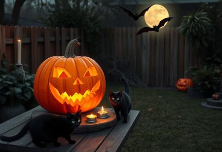 In a small yard on Halloween, there is a big, bright orange pumpkin sitting on a wooden table. Carved with a spooky face, its jagged teeth and triangular eyes seem to be glowing in the dim moonlight. Beside the pumpkin, there are some small candles, their flames flickering gently. There are also black cats prowling around the table, their green eyes staring at the pumpkin as if they are guarding this Halloween symbol. A few bats are flying overhead, their wings flapping silently.