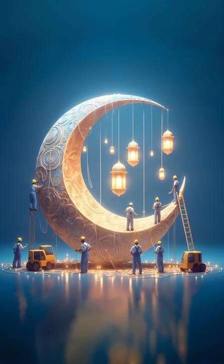 workers building a giant ornate crescent moon workers building a giant ornate crescent moon