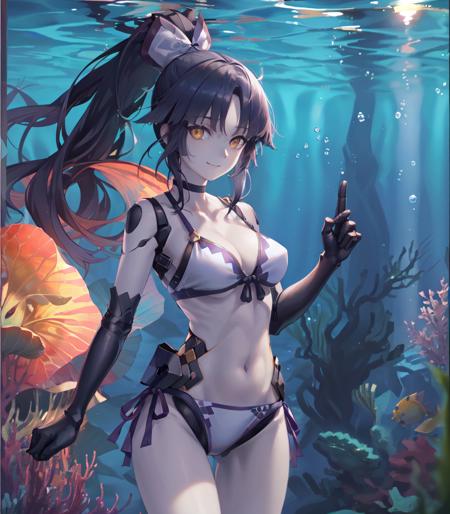 (((best quality))),((ultra-detailed)),(extremely detailed CG unity 8k wallpaper),high resolution, (extremely detailed illustration), MidsummerMemories, Danzo Bikini, 1girl, underwater, breasts, solo, medium breasts, cleavage, smile, air bubble, bubble, looking at viewer, fish, floating hair, closed mouth, high ponytail, ocean, under water, fish, jelly fish, ray tracing, under water light effect, cowboy shot, 
 <lora:FGOdanzo:0.8>,
((refraction of the underwater sun)), ((rich colors)),(many bubbles),(lens flare),(ray tracing),