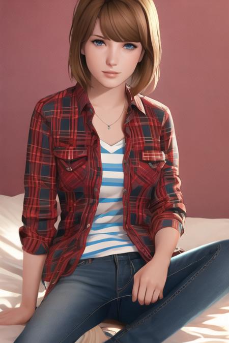 portrait of maxcaulfield ,solo, shirt, brown hair, short hair, realistic, upper body, plaid shirt, striped shirt, lips, plaid, blue eyes, nose, red shirt, bangs, open clothes, lay on bed, looking at viewer