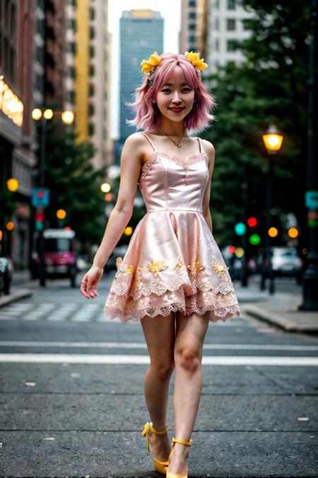 korean girl, 18 years old, (perfect face), (blue eyes:1.1), night street, (hair ornament:1.2), (pink hair:1.2), (yellow lace dress), (dynamic pose:1.4), (happy look:1.2), (tattoo:1.1), high heels, walk on street, BREAK. shallow depth of field,bokeh,soft lighting,((high quality)),film grain,Fujifilm XT3,4k,uhd,RAW photo,masterpiece,photorealistic,((ultra-detailed)),  <lora:Body Type_alpha1.0_rank4_noxattn_last:2>, <lora:Breast Slider - Pony_alpha1.0_rank4_noxattn_last:2>, <lora:age_slider-LECO-v1:-3>, <lora:zoom_slider_v1:-1>,