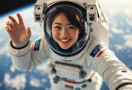 A female japanese astronaut is floating in space. She is very happy. She is very attractive.