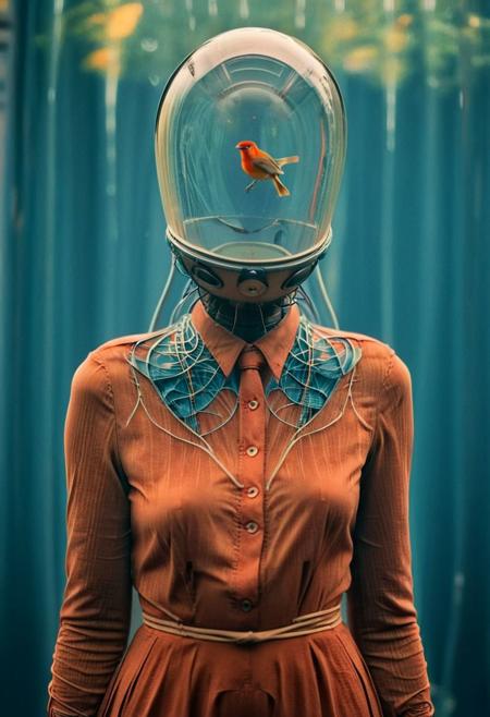 Create an image of an female Slender translucent dark-red skinned female, Long billowing dress Made of cables and hoses, standing at a corner, peeking out curiously. It is wearing a vintage suit with a hat and tie. The colors of the image should be vibrant dark-blue water, giving it a vintage look. The background is a downtown area on a sunny morning, with birds visible in the scene.
 volumetric lighting, atmospheric haze, Film grain, cinematic film still, shallow depth of field, highly detailed, high budget, cinemascope, moody, epic, OverallDetail, gorgeous, 2000s vintage RAW photo, photorealistic, candid camera, color graded cinematic, atmospheric lighting, skin pores, imperfections, natural, shallow dof,