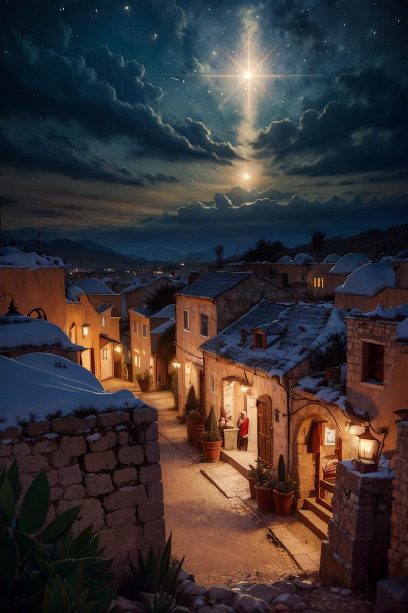 A town at night with a full moon above, illuminating the streets and buildings.