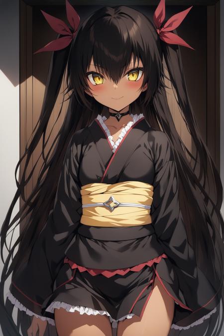 1girl, master_nemesis, to_love-ru_darkness, black_hair, very_long_hair, yellow_eyes, dark_skin, ribbon, hair_ribbon, kimono, obi, sash, violet miniskirt, highly detailed, masterpiece, best quality, anime style sainan_high_school_uniform, light_green_skirt, green_bowtie, yellow_sweater, short_sleeves, white_shirt straight hair, solo, white_school_swimsuit straight hair, solo, dress