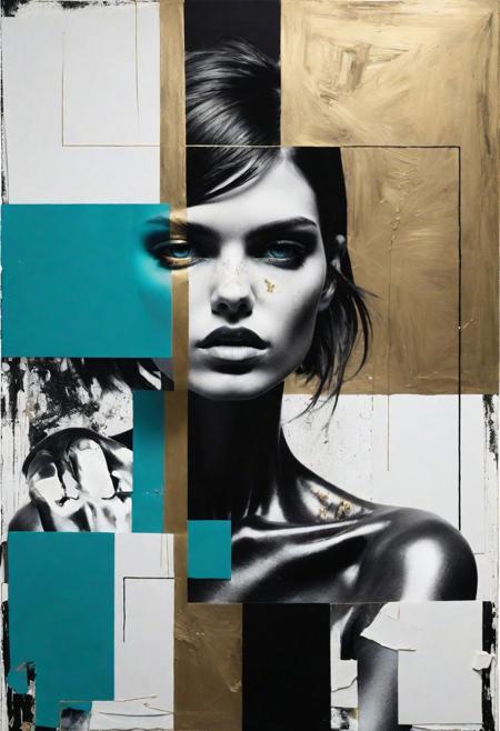 Award winning painting by Mario Sorrenti contrasting geometries, mixed media art distressed color photocopy, black gold white turquose