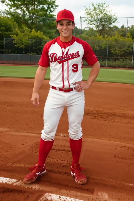 outdoors, ((baseball field)), DylanRoberts, baseballplayer, baseball uniform, red jersey, jersey number 4, white pants, red socks, black sneakers, red baseball cap, smiling, (((full body portrait))), wide angle   <lora:Clothing - Sexy Baseball Player:0.7>  <lora:DylanRoberts:0.8>