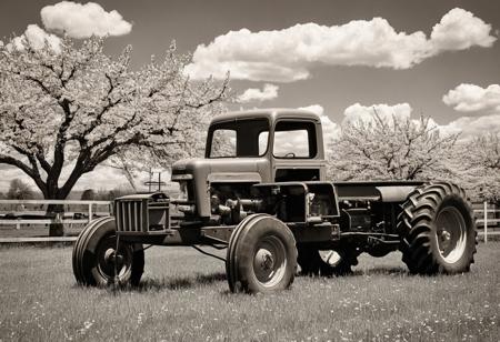 Antique farm and antique house, cows in a fenced field, large vegetable garden, antique 1950 McCormick tractor, 1951 Ford truck, apple and cherry blossoms in the background, blue sky with cumulus clouds, photography sepia
