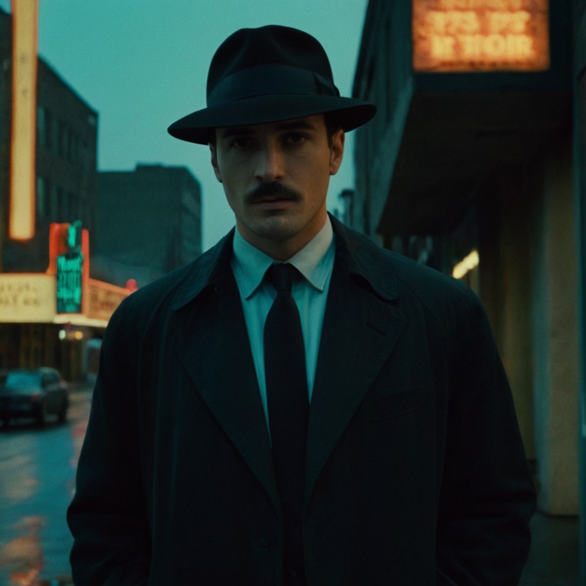 Neon noir, classic film noir style <lora:Classic Film Noir style:1> 
a man in a hat and coat standing outside of a buildin...
