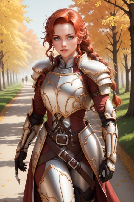 titania braided ponytail, armor, red dress, belt, gauntlets, gloves, armored boots