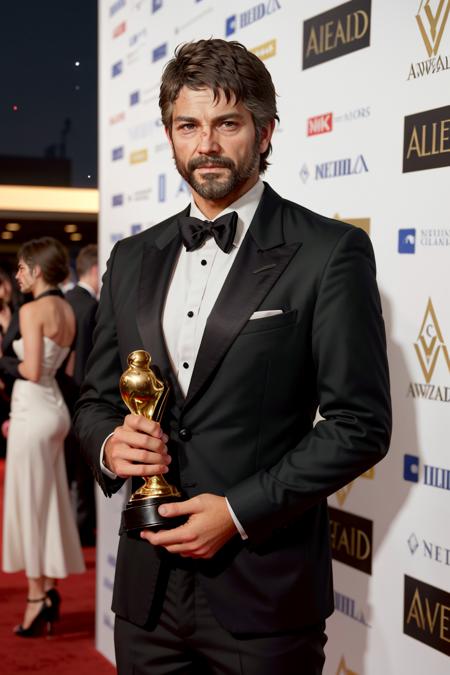 ((masterpiece, best quality))
 <lora:TLOUJoel:0.8>
TLOUJoel, 1boy, solo, brown hair, brown eyes, beard, On the red carpet at a glamorous awards ceremony, wearing a bespoke black tie ensemble