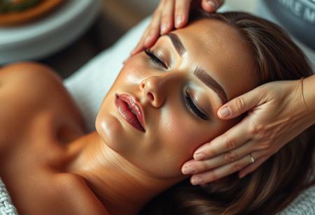 Une femme allongée magnifique bronzée sur le dos en train de se faire masser le visage complètement apaisée et relaxée, ultra high detail, ultra realistic
