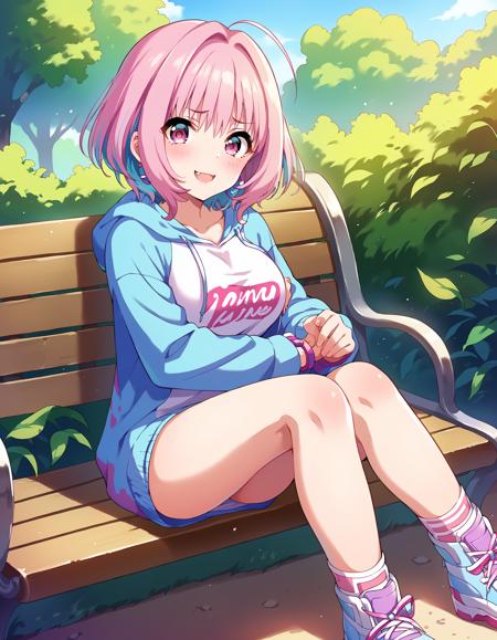 ymmram, ymmram, short hair, multicolored hair, pink hair, blue hair, hair intakes, ahoge, pink eyes, large breasts, score_9, score_8_up, score_7_up, source_anime,