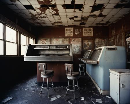 in a post-apocalyptic deserted diner, overturned stools, rusted kitchen appliances, dusty jukebox, unreadable specials sign., by W. Eugene Smith,  <lora:PostApocalypticXL_v1:0.8> SZ_4po enviroment