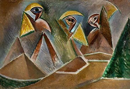 p1c4ss0, seraphins, mystical creature with hundreds of eyes and wings, roswell alien with yellow christmas hat delivering presents with santa riding a ufo sleigh, 1908 Trois femmes