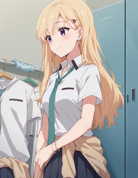 saki ayase, long hair, bangs, blonde hair, purple eyes, hairclip, medium breasts, skirt, shirt, jewelry, school uniform, white shirt, short sleeves, pleated skirt, earrings, necktie, bracelet, clothes around waist