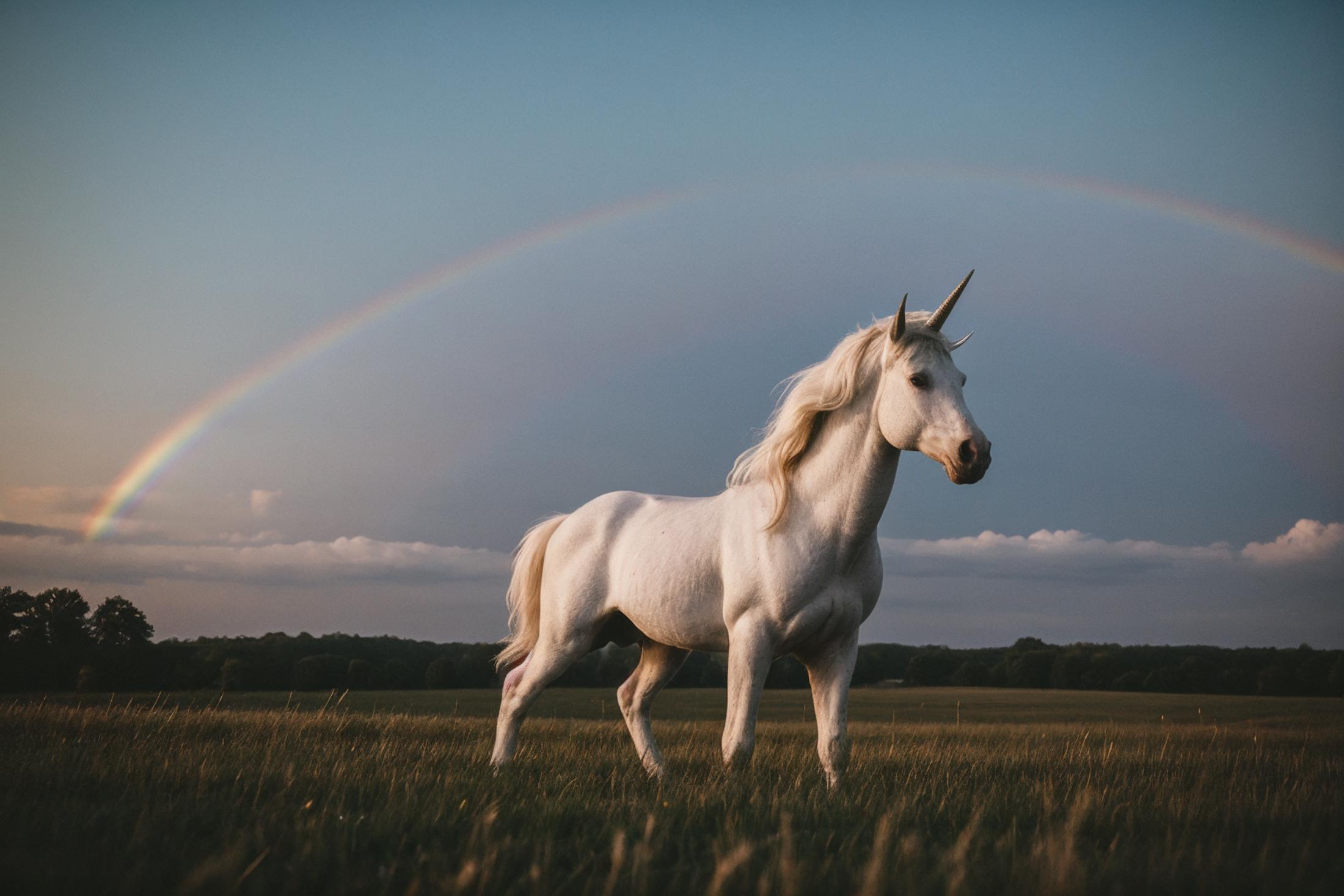 A white unicorn standing in a field with a rainbow in the background.