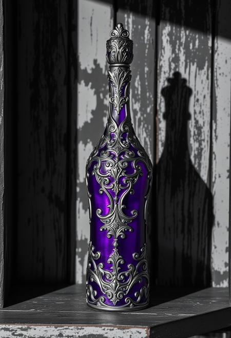 A Highly Detailed And Intricately Designed Purple And Silver Bottle Surrounded By A Shadowy Black White And Gray Weathered Shelf Background