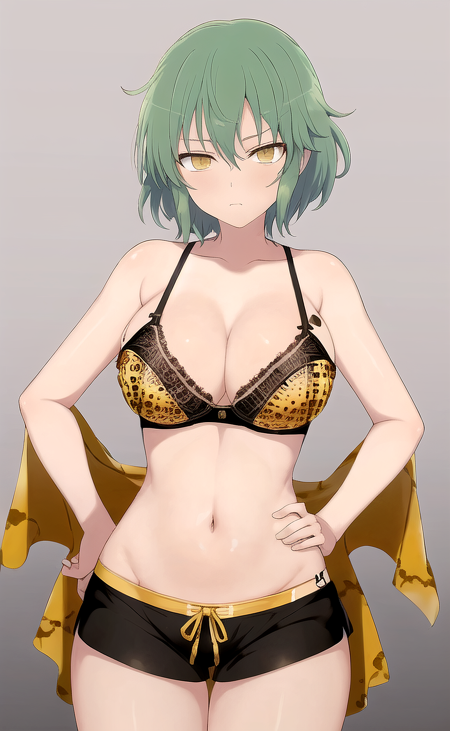 masterpiece, best quality,
hikage_senran_kagura, 1girl, yellow eyes, green hair, short hair, large breasts, wide hips, black boyshorts, (black boyshorts with yellow stripe:1.21551), (black shorts:1.21551), (short shorts:1.21551), (yellow bra:1.21551), (yellow bra with cheetah spots:1.21551), arms at (sides:1.32), beautiful, anime, standing, sexy pose, hand on hips, expressionless, senran kagura, cowboy shot, front view, greatly detailed, anatomically correct, finely detailed, 4k  <lora:Hikage_SenranKagura-04:0.5:ALL>