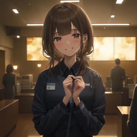 cinematic still best quality, ultra-detailed,
famimaU, employee uniform, japan, 1girl, solo, brown hair, looking at viewer, shirt, smile, indoors, long sleeves, holding, medium hair, 
 <lora:FAMIMA_scenery_SDXL_V2:1> . emotional, harmonious, vignette, highly detailed, high budget, bokeh, cinemascope, moody, epic, gorgeous, film grain, grainy