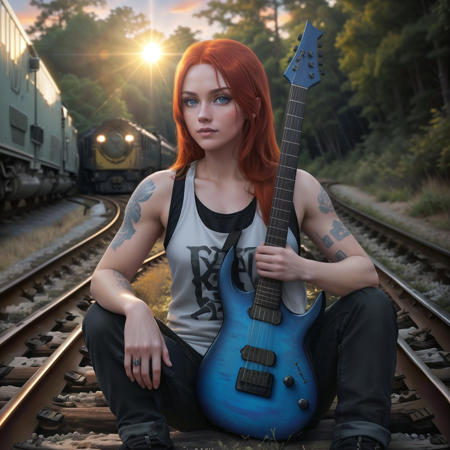 (cherrynobodysd15:0.5), a woman with long auburn colored hair and blue eyes and tattoos wearing a black tank top holding a blue solaratype1452 sitting on a railroad, dramatic lighting, beautiful forest background with train coming from behind, (sun is setting:1.2), sun shining from the back, metalhead, metal guitar, strat style guitar, (solaratype1452), solar guitars, cute face, beautiful face, beautiful model body, wallpaper, intricate, sharp focus, ray tracing, rtx, well drawn, masterpiece, ultra detailed, high quality, top quality, best quality, 4k, 8k, raw <lora:solaratype:0.3>