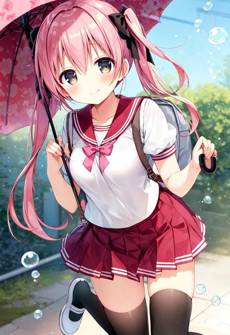 1girl, solo, shoes, skirt, white footwear, smile, thighhighs, twintails, uwabaki, shirt, pink hair, blush, pleated skirt, short sleeves, white shirt, closed mouth, umbrella, bow, x hair ornament, breasts, bag, holding umbrella, hair bow, school uniform, black thighhighs, sailor collar, bangs, holding, pink sailor collar, hair between eyes, brown eyes, long hair, serafuku, puffy sleeves, hair ornament, collarbone, puffy short sleeves, looking at viewer, red skirt, backpack, medium breasts, pink skirt, red sailor collar, bubble, teruterubouzu, holding strap, (masterpiece,best quality)