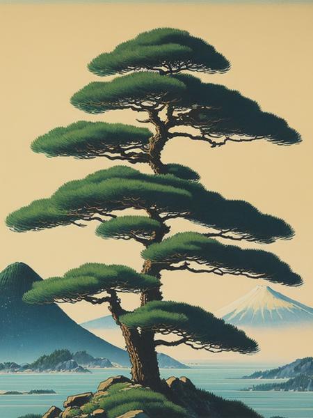 <lyco:KawaseHasui:1.0> japanese alpine fir tree painted in the style of Kawase Hasui , v 5.1