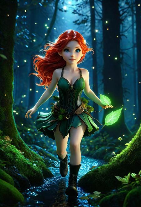 Ultra detailed digital art masterpiece Forest Gnome girl dressed in a green moss and brown leaves rescues the Squirrels, running down the mysterious night of the dark forest, dark fantasy. perfect lighting, elegant, unreal engine 5 nanite quality, mixed with dark elements, dark environment, very dark night, clean dark velour witch clothing, dark washed out eyeliner, no make up, natural face, realistic blue eyes, ultra detailed atmospheric details, beautiful glowing effects, sparkle effects, realistic body proportions, beautiful face proportions, complex masterpiece, wavy red hair, creative glowing detailed tattoos, complex physics, enhanced colors, complimentary colors, ultra detailed raytracing reflections, Ultra detailed complex background, environment feels alive, direct eye contact, dramatic lighting, wet and sweaty skin, beautiful firm Breasts, Concept art portrait by Greg Rutkowski