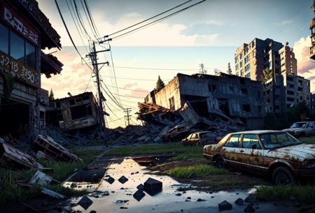 Concept art, apocalyptic wasteland, hand-drawn drawing, thick paint, hand-painted texture, low saturation, ruins, outdoors, scenery, grass, building, solo, 1girl, post-apocalypse, ground vehicle, power lines, sky, standing, rubble, long hair, motor vehicle<lora:Doomsday wasteland:0.8>