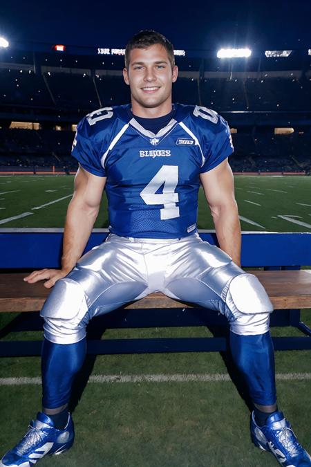 on the sideline of an American football field, sitting on a bench, legs spread open, muscular HaydenRichards, American football player wearing American football uniform, American football shoulder pads, ((blue jersey)), jersey number 43, (silver football pants and pads), blue socks, black sneakers, smiling, masterpiece, ((full body portrait))  <lora:HaydenRichards:0.8>