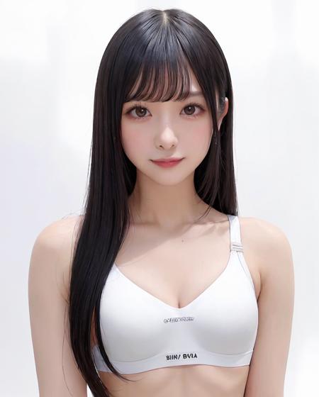 best quality, photorealistic, 8k, high res, 1girl, woman, (skindentation), (portrait:0.6), gorgeous, ((whitebackground, sport bra, small breast:1.65)), (medium-length hair, parted bangs:1.6), looking at viewer,  (1girl eyes looking at viewer:1.6), photorealistic, (bokeh), (smile:1.3), gorgeous, pureerosface_v1:1, <lora:Naomi:0.65>