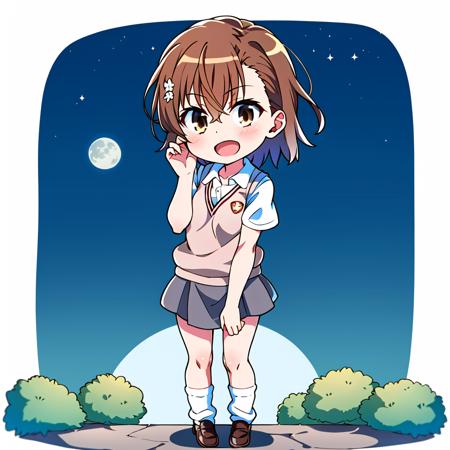 masterpiece, best quality, <lora:PCR:0.3>, pcr, chibi,, new_misaka_mikoto,1girl,solo,misaka mikoto,brown hair,brown eyes,white flower hair ornament,short hair, small breasts, bangs,hair between eyes,collarbone,tokiwadai school uniform,pleated skirt,white v-neck collared dress shirt, short sleeves, grey miniskirt, brown sweater vest,white short shorts under skirt,brown loafers,white loose socks, <lora:neu_misaka:1>, full body, outdoor, full moon, :d,