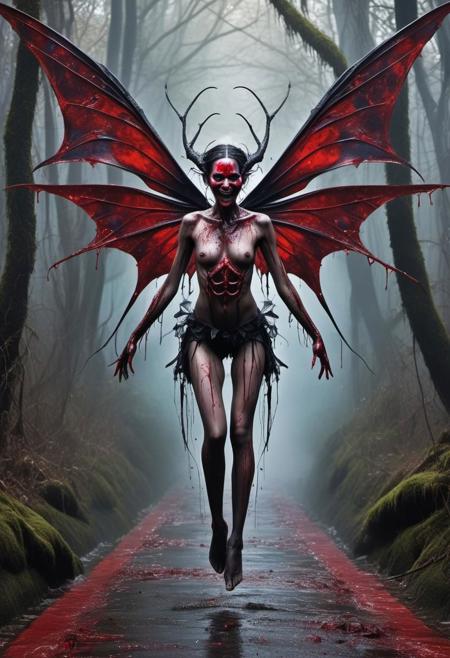  masterpiece, A demented dark fairy suspended mid air, with bulging eyes,  a (((wide))) evil grin)), covered in red plasma splatter, dirty, tattered clothing, perfectly symmetrical out stretches bluish, leathery wings, hovering ominously above a sinister forest pathway.
