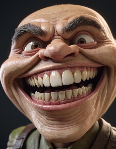 trollface meme with big grin, side view, big teeth, looking at the camera, HDR10, 8k hdr, RAW, remarkable color, raytracing, subsurface scattering, hyperrealistic, (intricate details), extreme skin details, skin pores, deep shadows, contrast,
