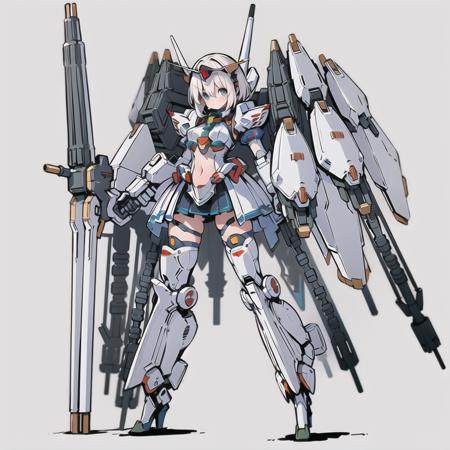 1girl,mecha musume,solo,(Axisymmetric:1.4),(very long leg:1.5),weapon,Rocket on my back,full armour,white,looking at viewer,full body,breasts,holding weapon,holding,very huge gun,holding Very large shield,msgirl girl,<lora:msgirlv3_b:1>