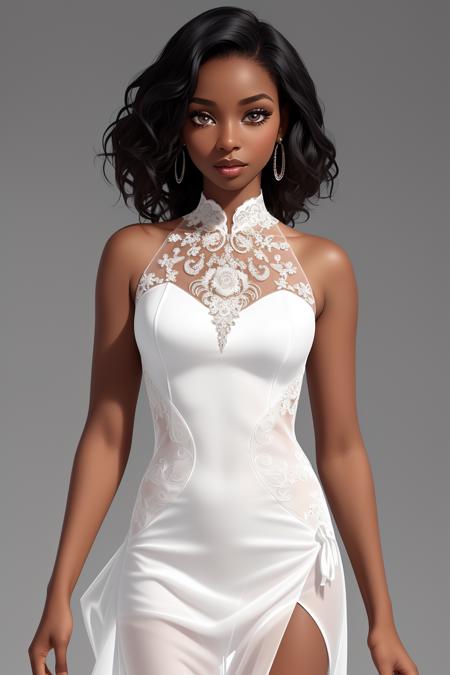 (black skin woman in transparent clear white dress, more skin, more skin, more skin, body open, body open, body open:1.2), (intricate modern clothing in [flat cloth | cloth microtexture | dressed person | cloth vesture | cloth details], dressed in clothes:1.4), well compose, centered, intricate details, (detailed face and eyes, well hair, masterpiece:1.2)