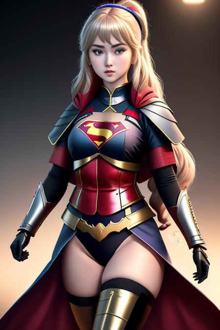 samuraistyle  <lora:samuraistyle_model:0.6>  Kathryn Love Newton:0.6, 1girl, solo, very long hair, black eyes, dynamic pose, masterpiece, absurdres, perfect anatomy, Superman's uniform:1.1, Moderate hips, cinematic lighting, 8k, best quality,bust body