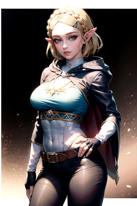 masterpiece, best quality,upper body, solo,princess_zelda_aiwaifu,aiwaifu,pointy ears,braid,hair ornament,hairclip,gloves,fingerless gloves,blue shirt,shirt,long sleeves,crown braid,bangs,pants,black gloves,green eyes,parted bangs,black pants,short hair,long hair,cape,sidelocks,hood,thick eyebrows,jewelry,hooded cape,belt,tight pants,tight,large breasts,puffy sleeves,              realistic, photo-realistic,specular details,ultra-detailed, highly detailed, well defined objects,  8k uhd, dslr, soft lighting, high quality, Fujifilm XT3, (high detailed skin:0.3), (absurdres, highres, incredibly_absurdres:0.2),(scenery,sidelighting,masterpiece:0.5),