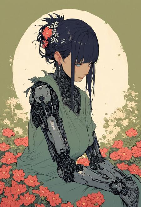 score_9, score_8_up, score_7_up,source_anime,1girl,mature,solo,black hair,long hair,updo hair,bangs,hair ornament,flowers hair ornament,flowers on hair,blue eyes, perfecteyes, earrings, eyebrows, hair behind ear, a cyborg girl surrounded by men, mechanical arms and legs and neck, wearing a green dress, mechanical bodyparts , making a toast