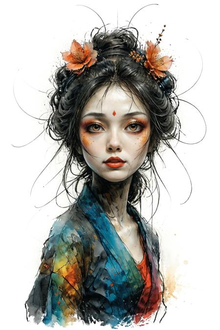 mysterious silhouette geisha woman, by Minjae Lee, Carne Griffiths, Emily Kell, Steve McCurry, Geoffroy Thoorens, Aaron Horkey, Jordan Grimmer, Greg Rutkowski, amazing depth, double exposure, surreal, geometric patterns, intricately detailed, bokeh,  perfect balanced, deep fine borders, artistic photorealism , smooth,  great masterwork by head of prompt engineering   <lora:add-detail-xl:2>  <lora:xl_shuimo:0.7> ink wash painting <lora:Cute_Drawing:0.55>  <lora:hyperkraximalism_v1-1:0.25>