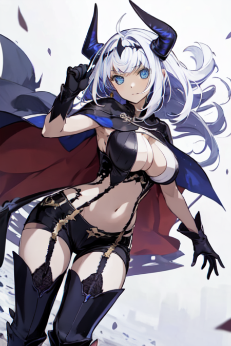 AslaugFate, 1girl, solo, long hair, white hair, blue eyes, large breasts, thighhighs, black gloves, navel, cleavage, horns, shorts, midriff, cape, clothing cutout, garter straps, 