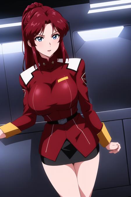 (Night:1.7),in front of a machine room,
Standing at attention,
Red and Black military uniform, military,Red and Black jacket,Red and Black uniform,Red_pencil skirt, 
<lora:Flay_Allster_Gundam_Seed-KK77-V1:0.7>, 
bangs,red_hair, long_hair,blue eyes,a White bow in her hair,
1 girl, 20yo,Young female,Beautiful Finger,Beautiful long legs,Beautiful body,Beautiful Nose,Beautiful character design, perfect eyes, perfect face,
looking at viewer,
NSFW,official art,extremely detailed CG unity 8k wallpaper, perfect lighting,Colorful, Bright_Front_face_Lighting,
(masterpiece:1.0),(best_quality:1.0), ultra high res,4K,ultra-detailed,
photography, 8K, HDR, highres, absurdres:1.2, Kodak portra 400, film grain, blurry background, bokeh:1.2, lens flare, (vibrant_color:1.2)
(Beautiful,large_Breasts:1.4), (beautiful_face:1.5),(narrow_waist),