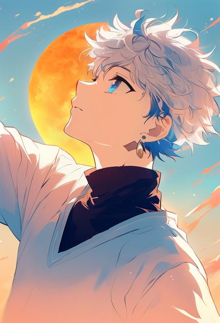 aullik, solo, short hair, bangs, blue eyes, shirt, long sleeves, 1boy, blue hair, upper body, white hair, short sleeves, male focus, sky, day, arm up, from side, blue sky, gradient, black shirt, gradient background, profile, turtleneck, blue background, moon, looking up, messy hair, sun, layered sleeves, short over long sleeves, reaching