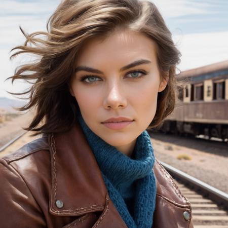 lauren_cohan, <lora:LaurenCohanXL:1>,Portrait of a woman, (close up),upper body, (( turtleneck sweater, leather jacket, blue jeans)), sitting in front of a old western train station, abandoned train station, desert, old steam train passing by, steam cloud, wild west, long hair, floaty hair, hair blows in the wind, windy, italo-western style, ((perfect eyes, detailed eyes,realistic eyes)), ((sharp face, detailed face, realistic face, naturtal skin, realistic skin, detailed skin, pores))