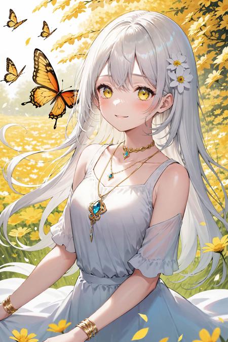 ((ink)),(water color),bloom effect,((best quality)),((world masterpiece)),((illustration)),(white_hair),(gold_eye),(((1girl))),(beautiful detailed girl),golden_eye,((extremely_detailed_eyes_and_face)),long_hair,detailed,detailed_beautiful_grassland_with_petal,flower,butterfly,necklace,smile,petal,(silver_bracelet),(((surrounded_by_heavy_floating_petal_flow)))