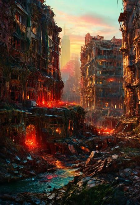 sunset, red.ancient ruined city,  abstract red by Chaotic stunning new york city, skyline, illustrated by herge, the mystical light, professional photography, natural lighting, volumetric lighting maximalist. intricately detailed, complex, elegant, expansive, fantastical, film photography style, light grain, medium grain, heavy grain